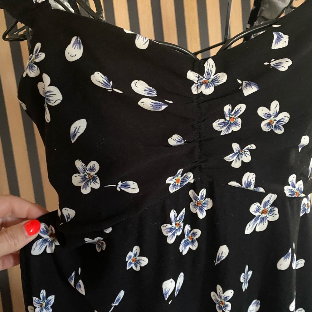 Black Floral Mini Dress with Blue-White Flowers - Picture 3 of 4